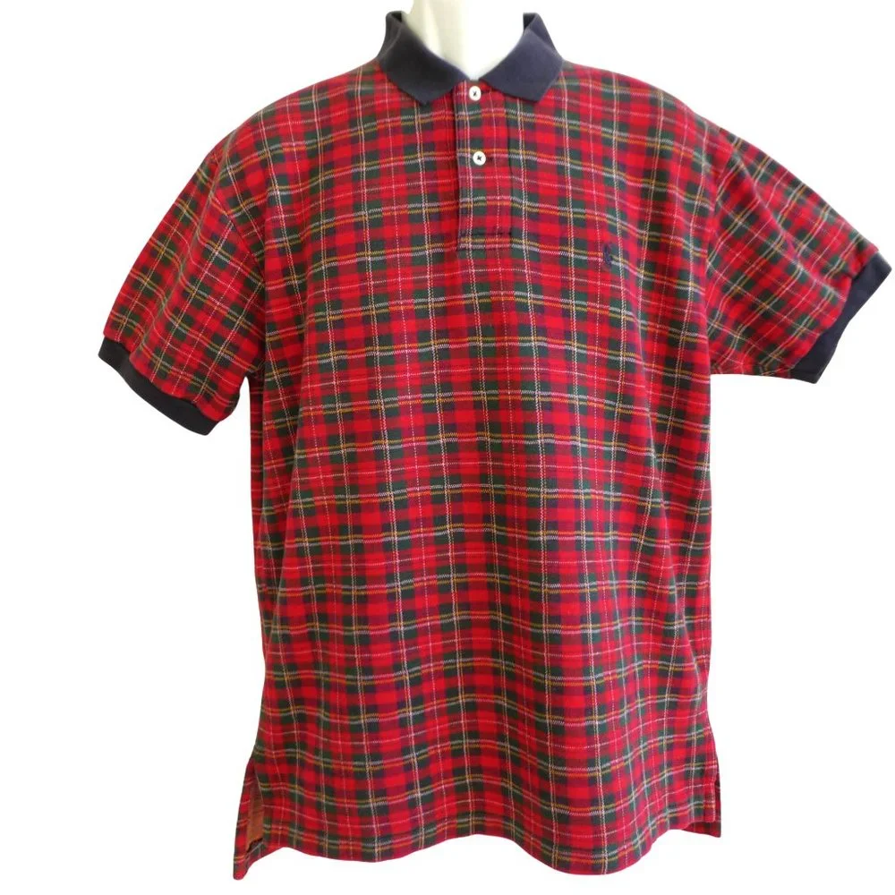 Ralph Lauren Polo Vintage Tartan Plaid Polo Shirt Short Sleeve Navy Knit Collar